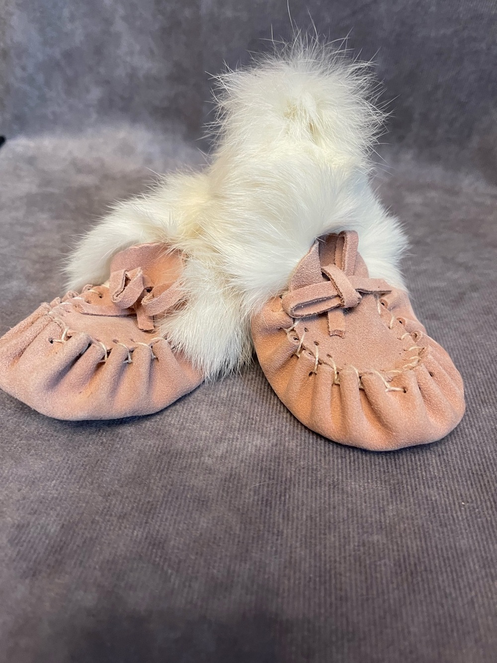 Soft Pink Suede Baby Moccasins with White Fur Cuff